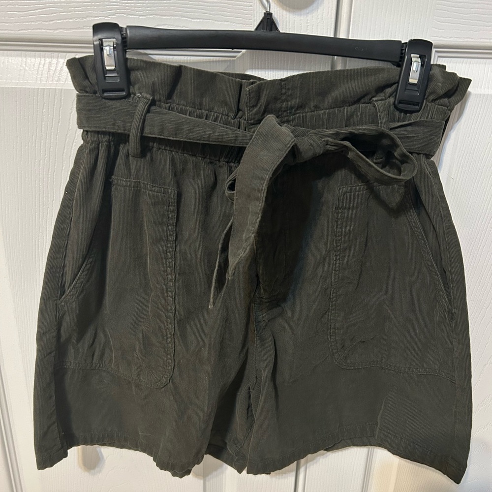 Zara Olive High-Waist Paperbag Tie Shorts